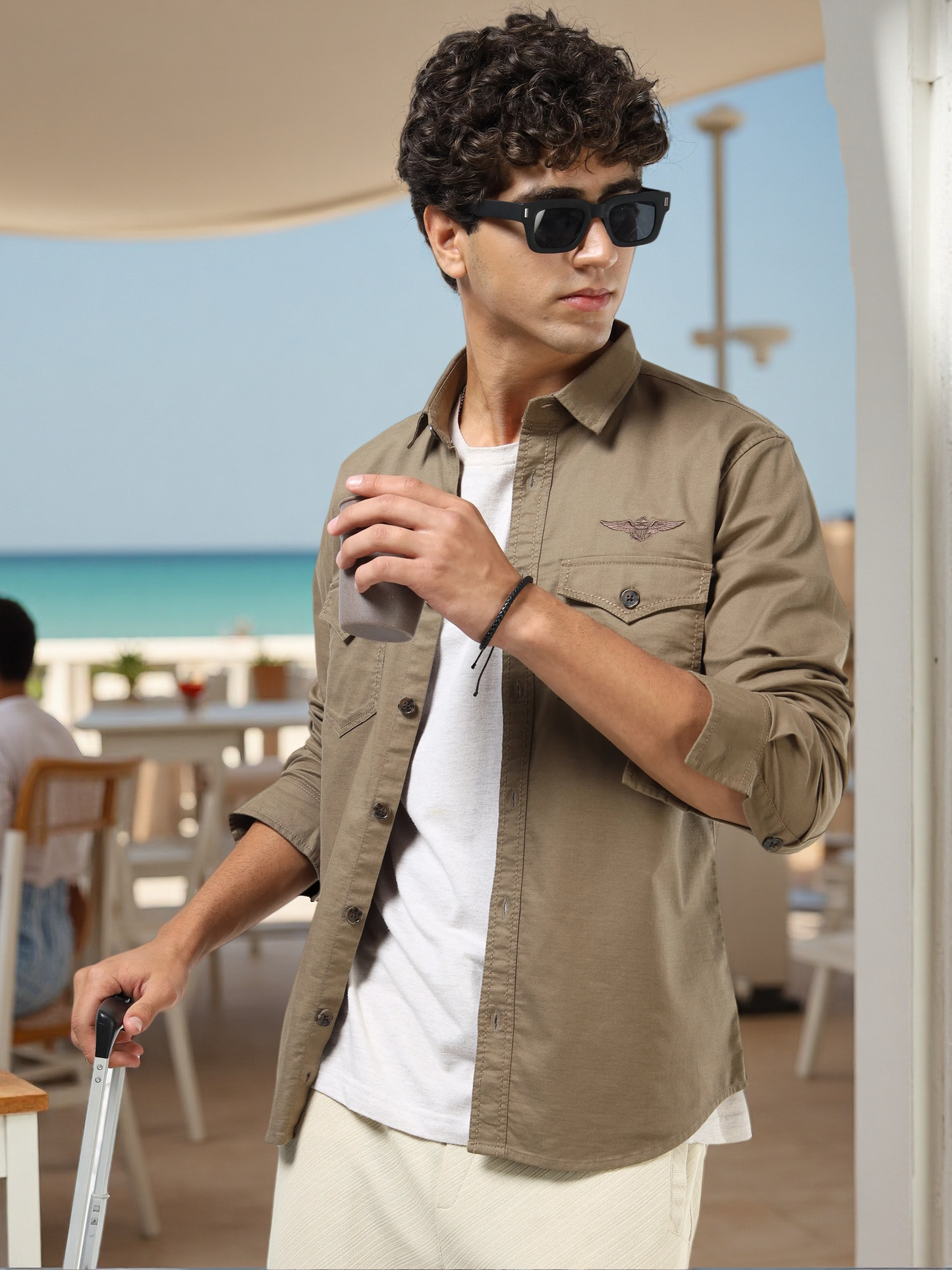 Men’s Brown Cotton Utility Casual Shirt with Dual Flap Pockets