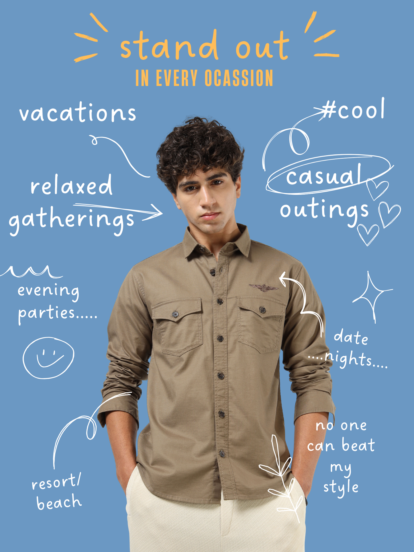 Men’s Brown Cotton Utility Casual Shirt with Dual Flap Pockets