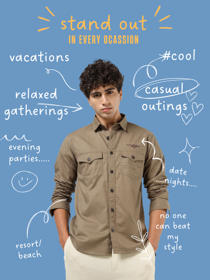 Men’s Brown Cotton Utility Casual Shirt with Dual Flap Pockets