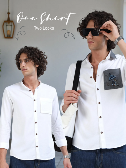 Men’s White Cotton Shirt with Grey Embroidered Pocket and Switchable Collar