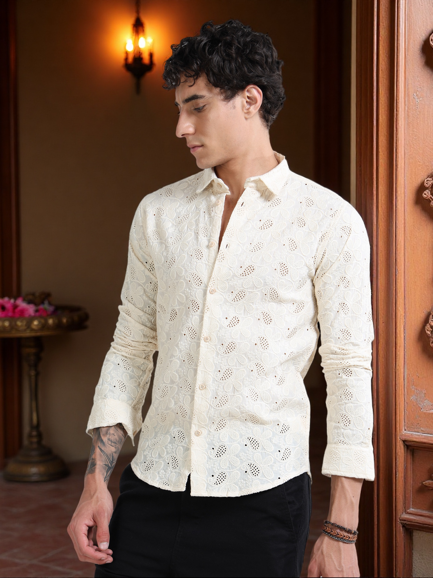 Men’s Cream Cotton Casual Shirt with Floral Embroidery Detailing