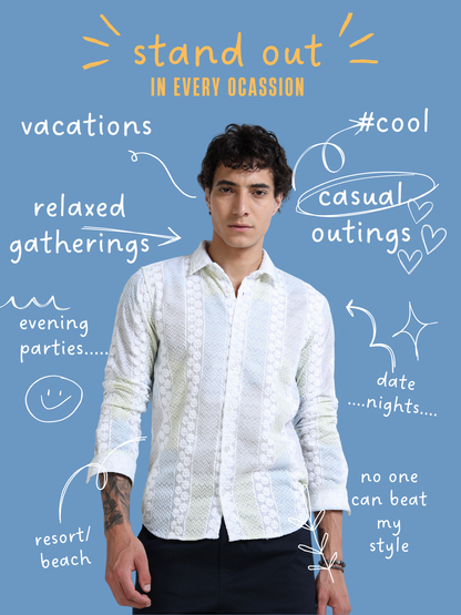 Men’s White Textured Cotton Casual Shirt with Multicolor Striped Embroidery