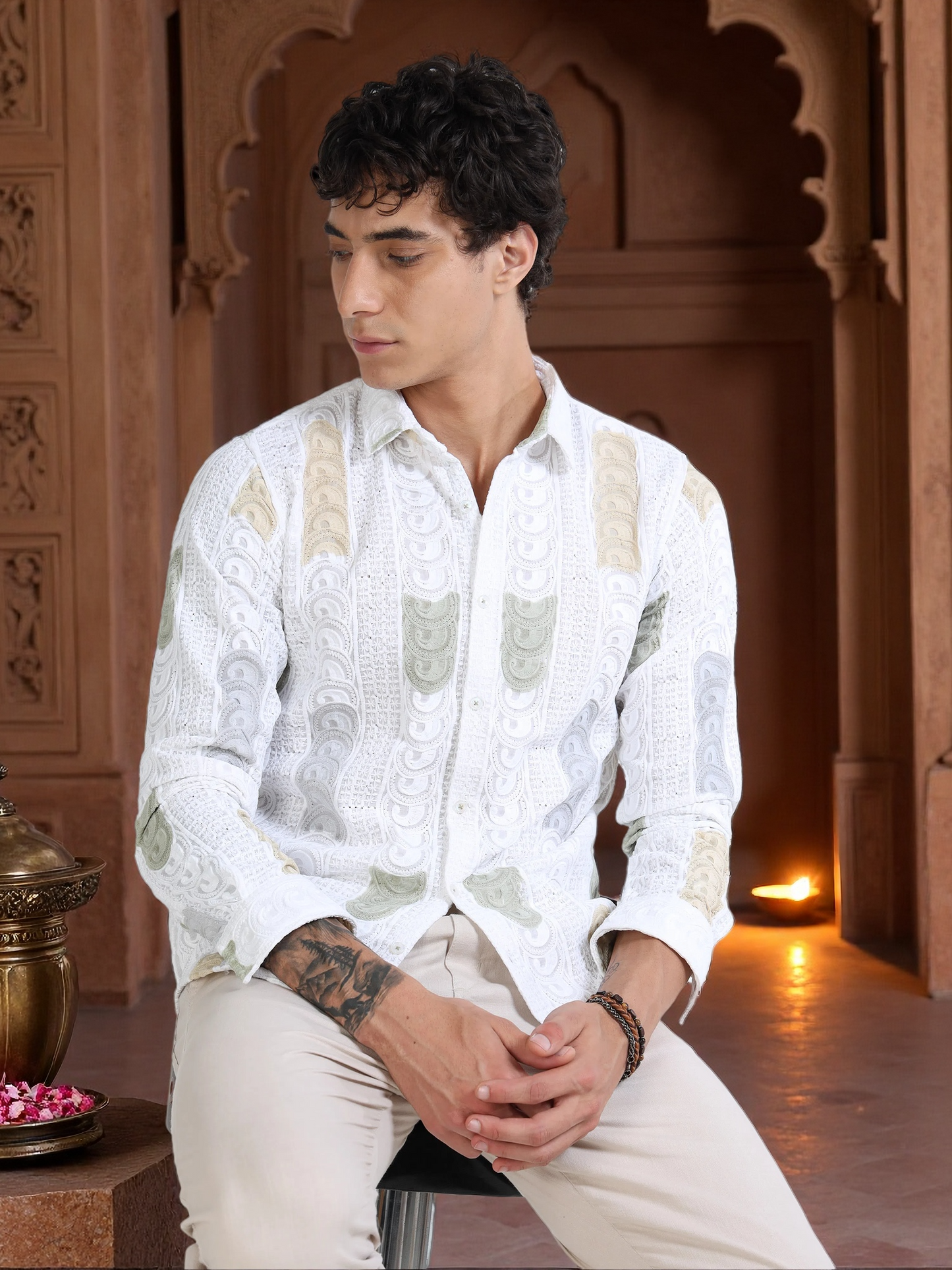 Men’s White Multicolor Embroidered Cotton Shirt with Textured Detailing