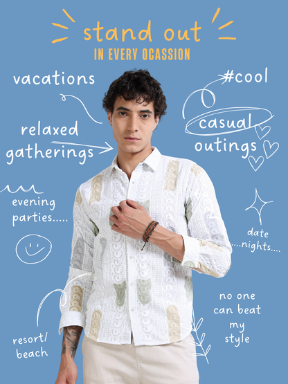 Men’s White Multicolor Embroidered Cotton Shirt with Textured Detailing