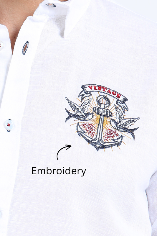 Men’s White Cotton Casual Shirt with Anchor Embroidery Detailing