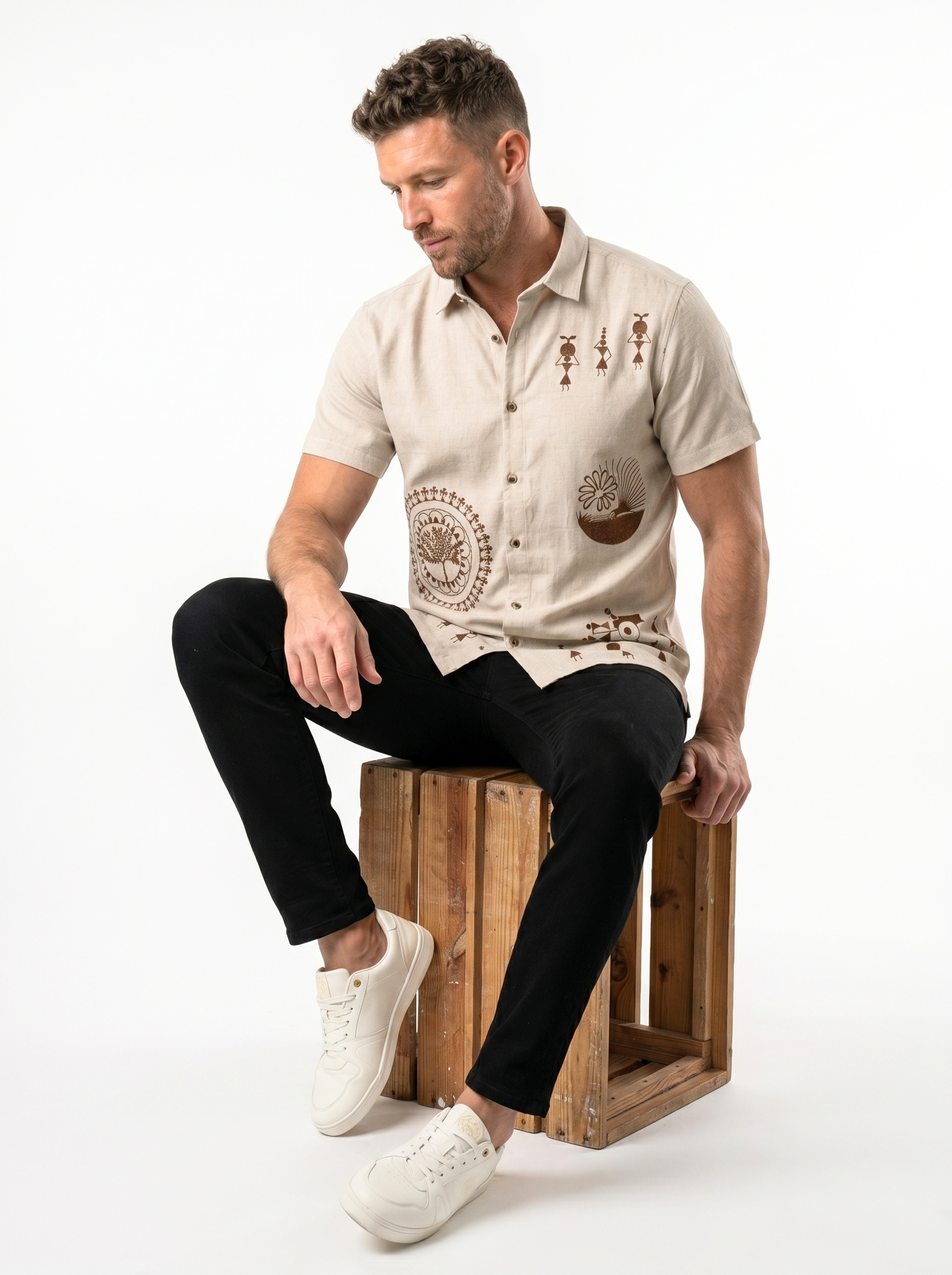 Heritage Embroidery Beige Cotton Shirt