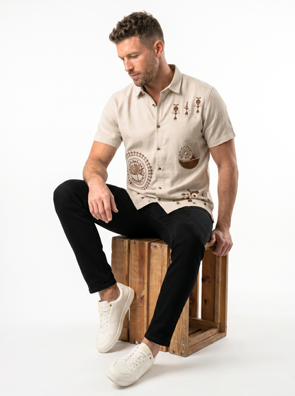 Heritage Embroidery Beige Cotton Shirt