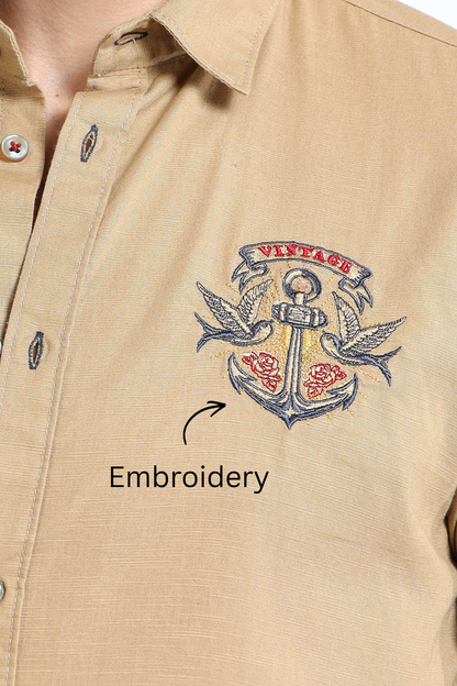 Men’s Brown Cotton Casual Shirt with Anchor Embroidery Detailing