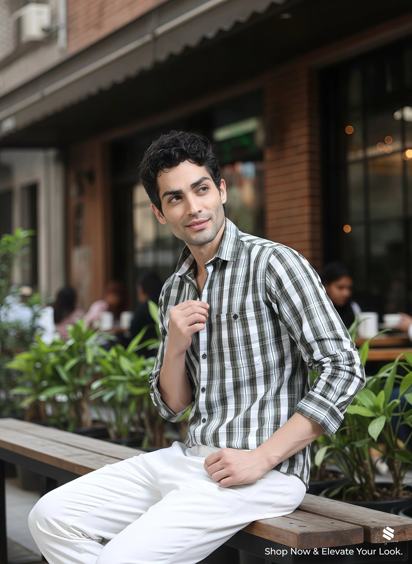 Men’s Olive & White Textured Check Cotton Linen Shirt