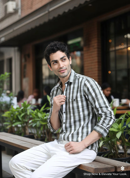 Men’s Olive & White Textured Check Cotton Linen Shirt