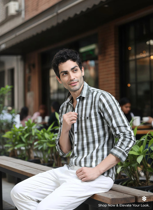 Men’s Olive & White Textured Check Cotton Linen Shirt