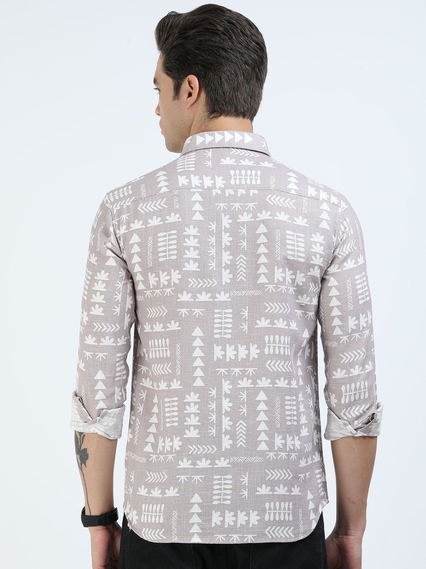 Men’s Beige Tribal Print Cotton Linen Shirt