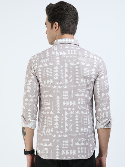 Men’s Beige Tribal Print Cotton Linen Shirt