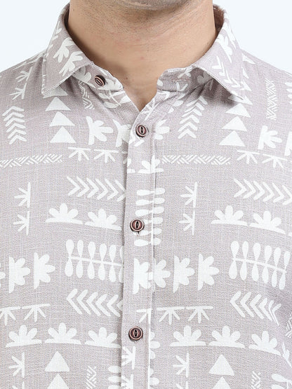Men’s Beige Tribal Print Cotton Linen Shirt