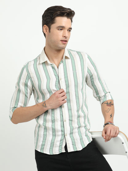 Men’s Mint Green & White Striped Linen Cotton Shirt