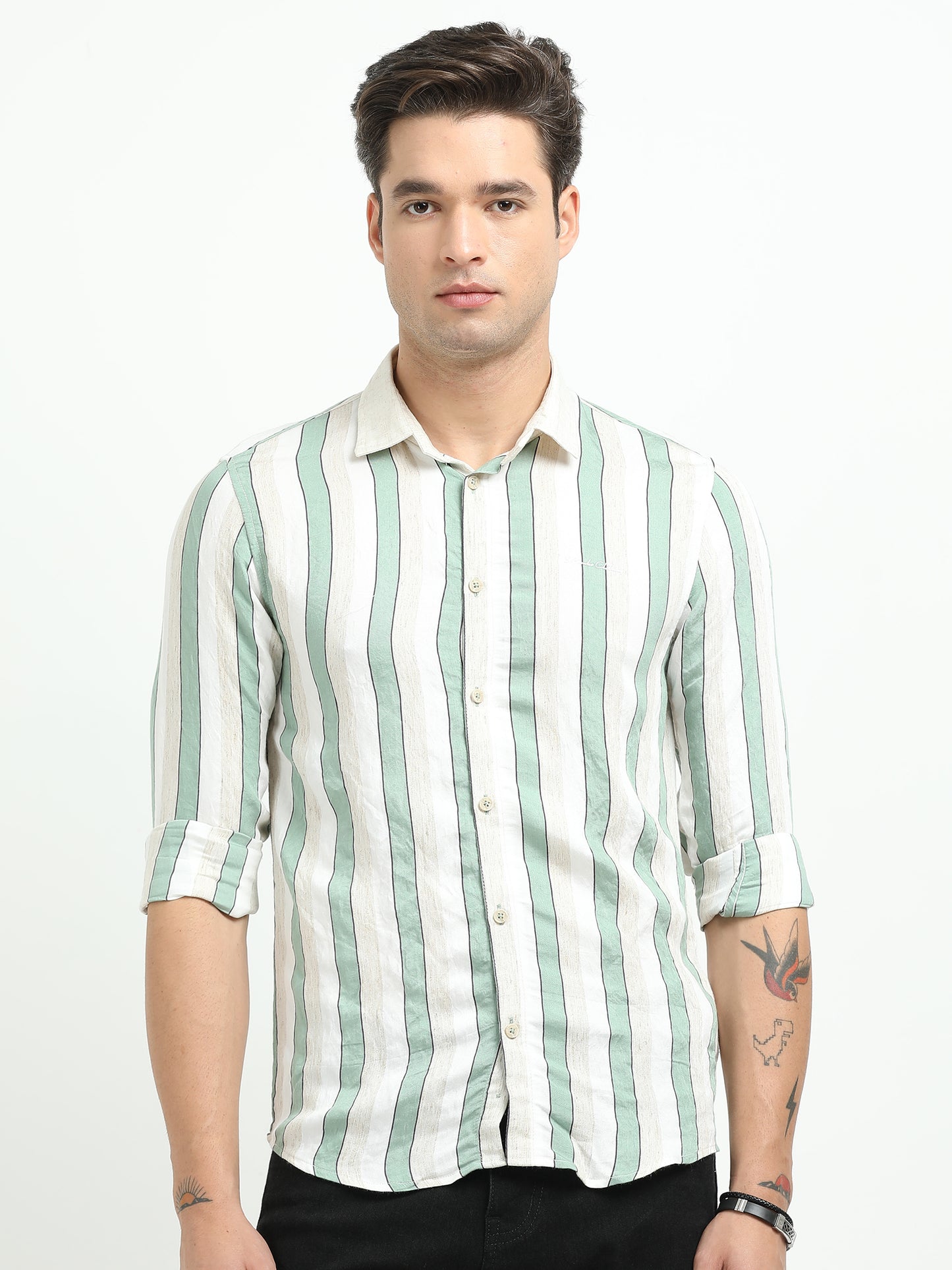 Men’s Mint Green & White Striped Linen Cotton Shirt