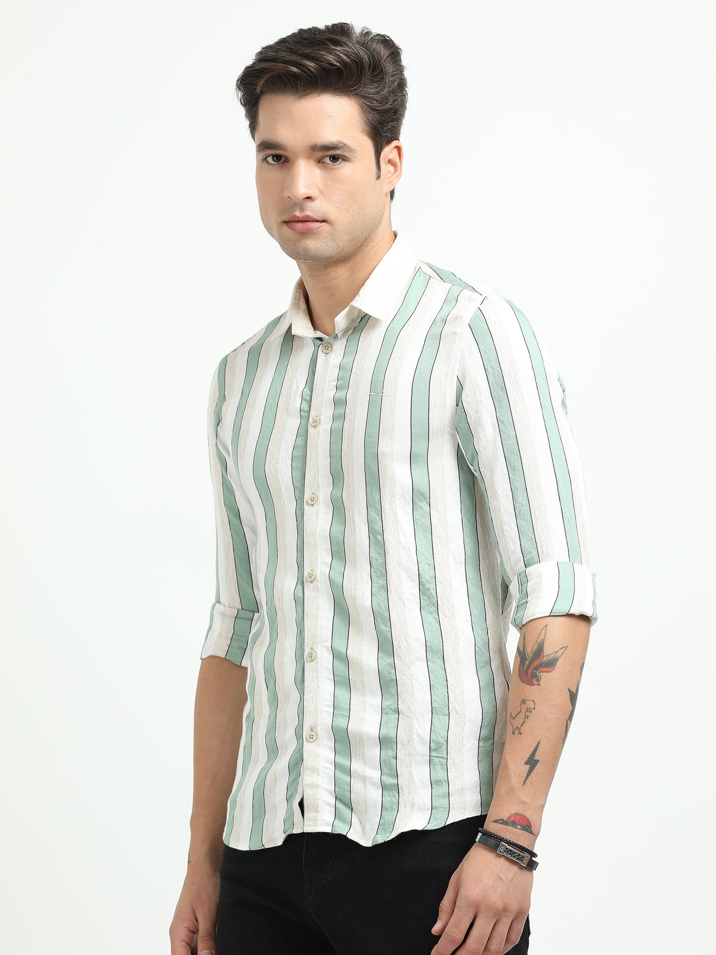 Men’s Mint Green & White Striped Linen Cotton Shirt