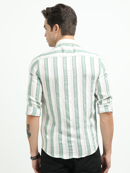 Men’s Mint Green & White Striped Linen Cotton Shirt