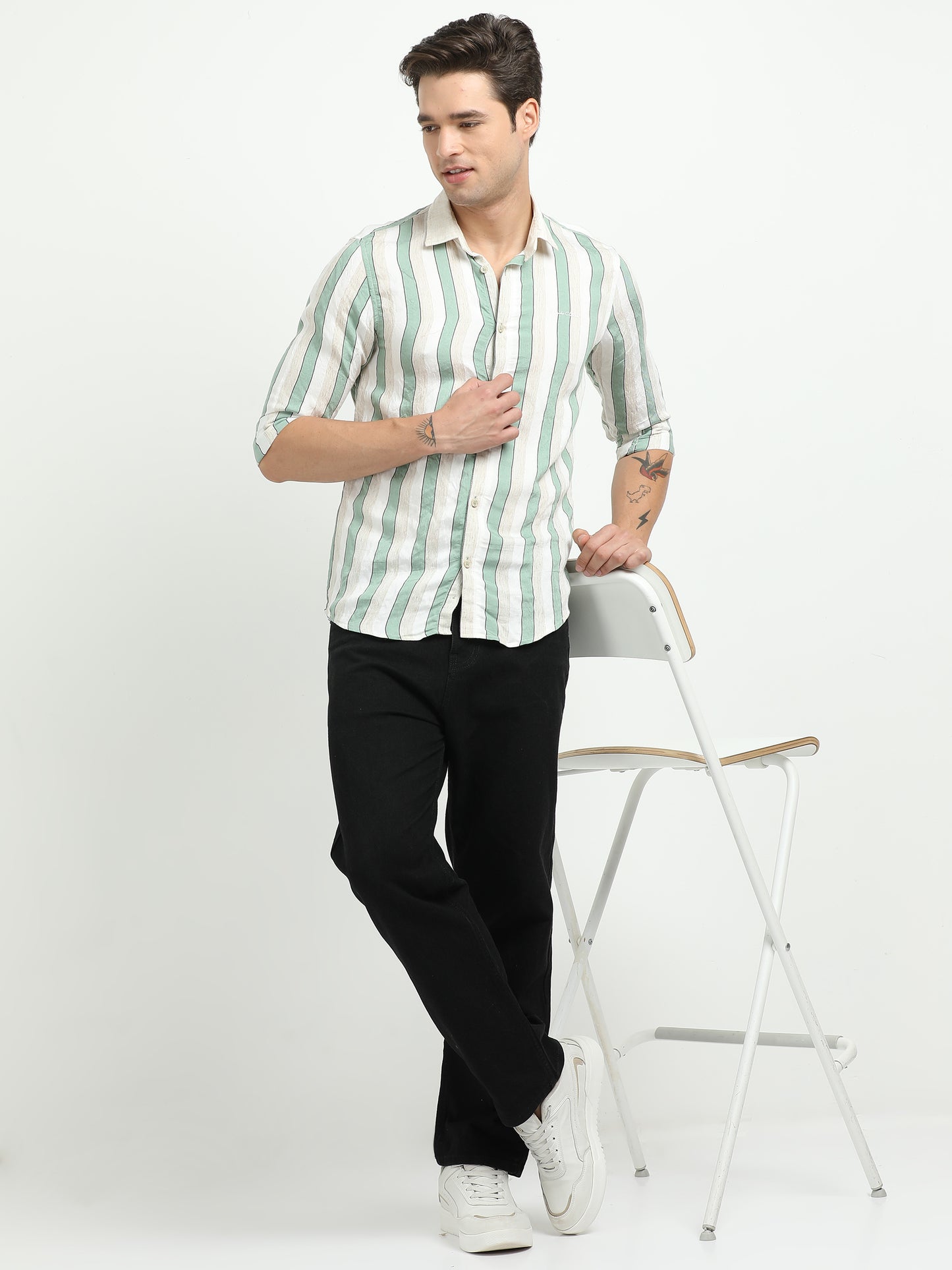 Men’s Mint Green & White Striped Linen Cotton Shirt