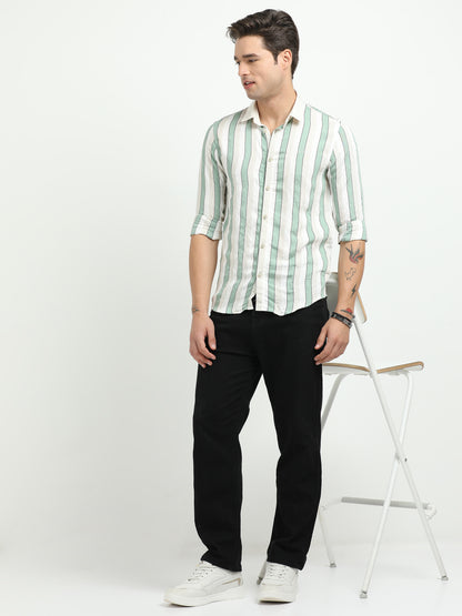 Men’s Mint Green & White Striped Linen Cotton Shirt