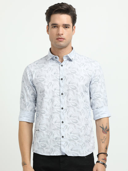 Men’s Sky Blue Leaf Print Cotton Shirt