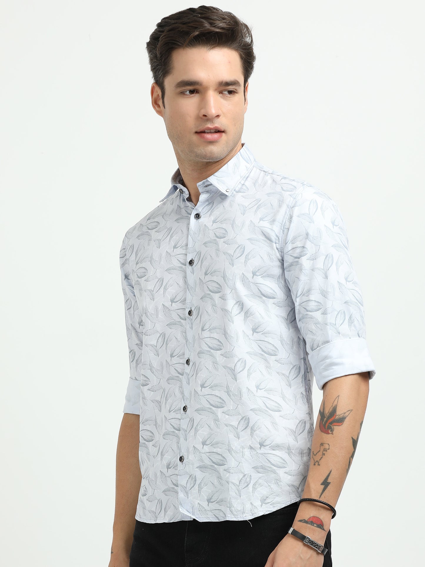 Men’s Sky Blue Leaf Print Cotton Shirt