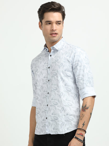Men’s Sky Blue Leaf Print Cotton Shirt