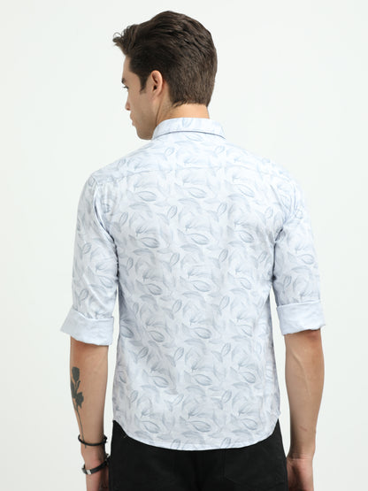 Men’s Sky Blue Leaf Print Cotton Shirt