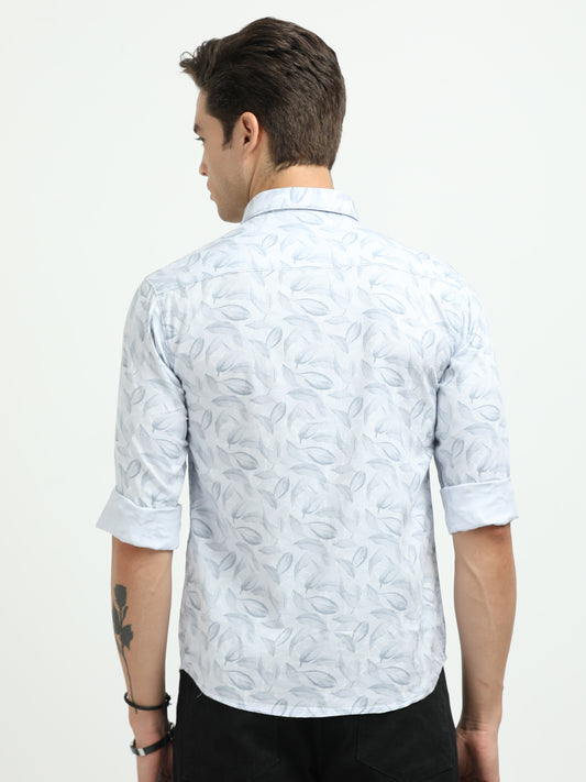 Men’s Sky Blue Leaf Print Cotton Shirt