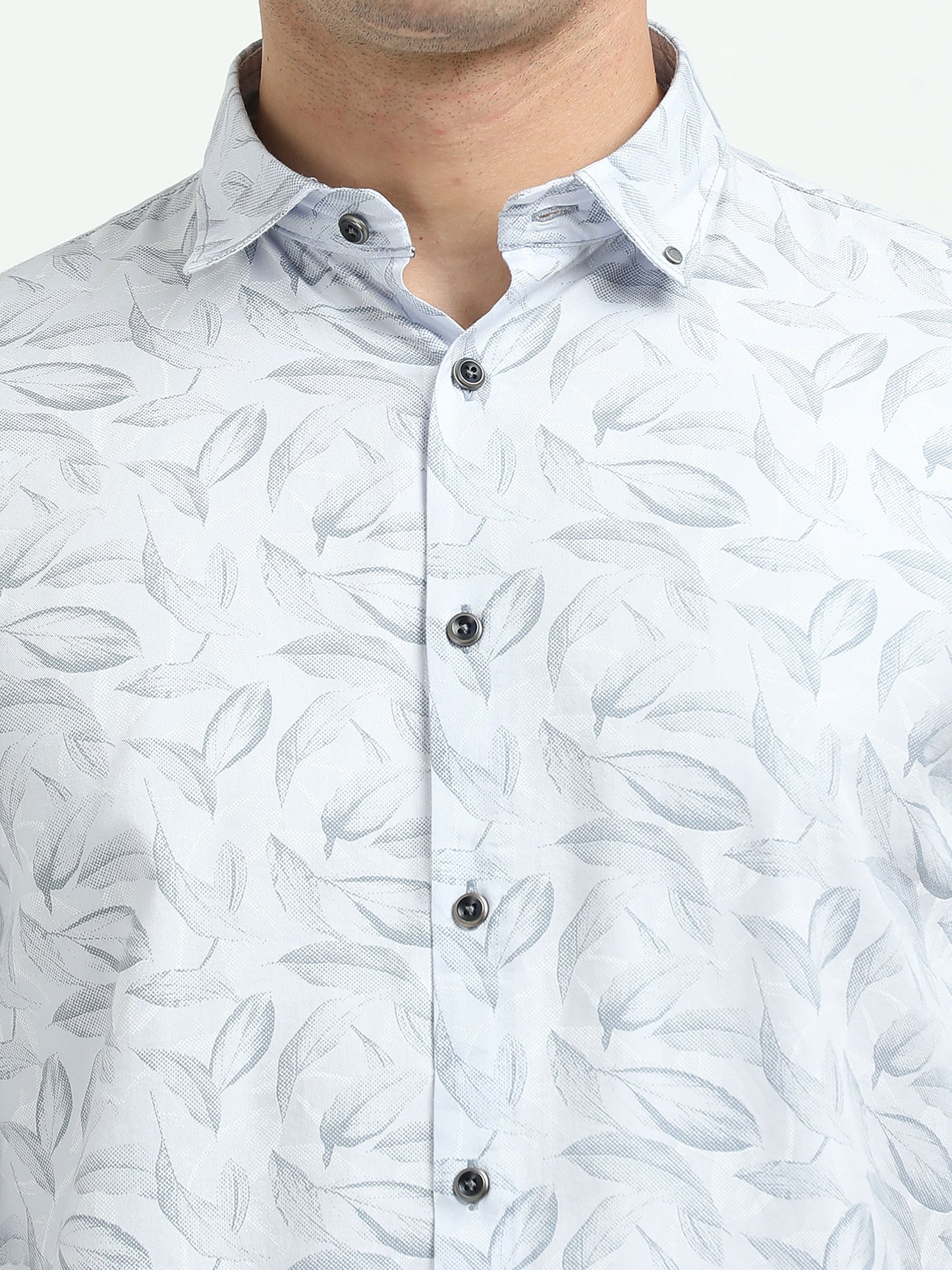 Men’s Sky Blue Leaf Print Cotton Shirt