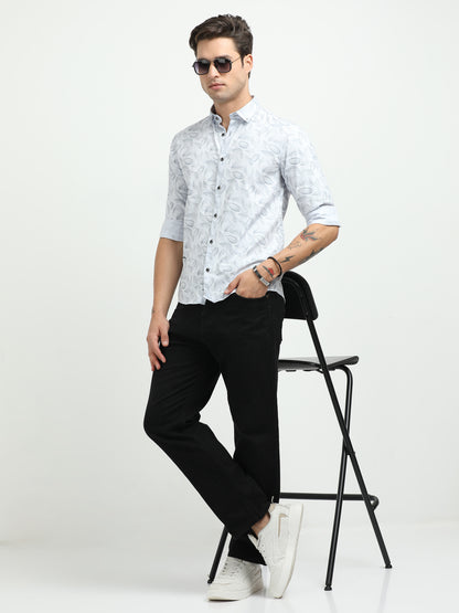 Men’s Sky Blue Leaf Print Cotton Shirt