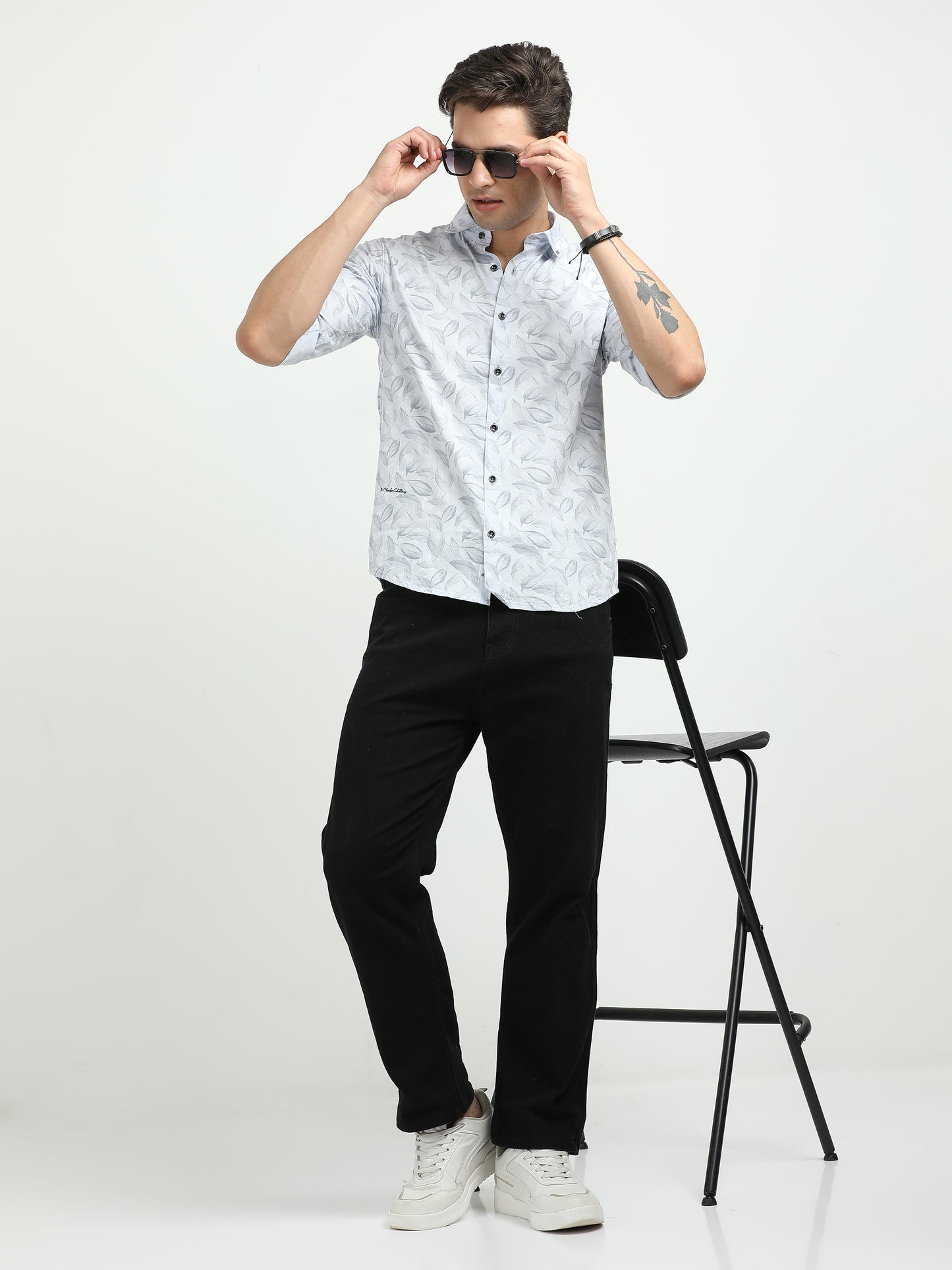 Men’s Sky Blue Leaf Print Cotton Shirt