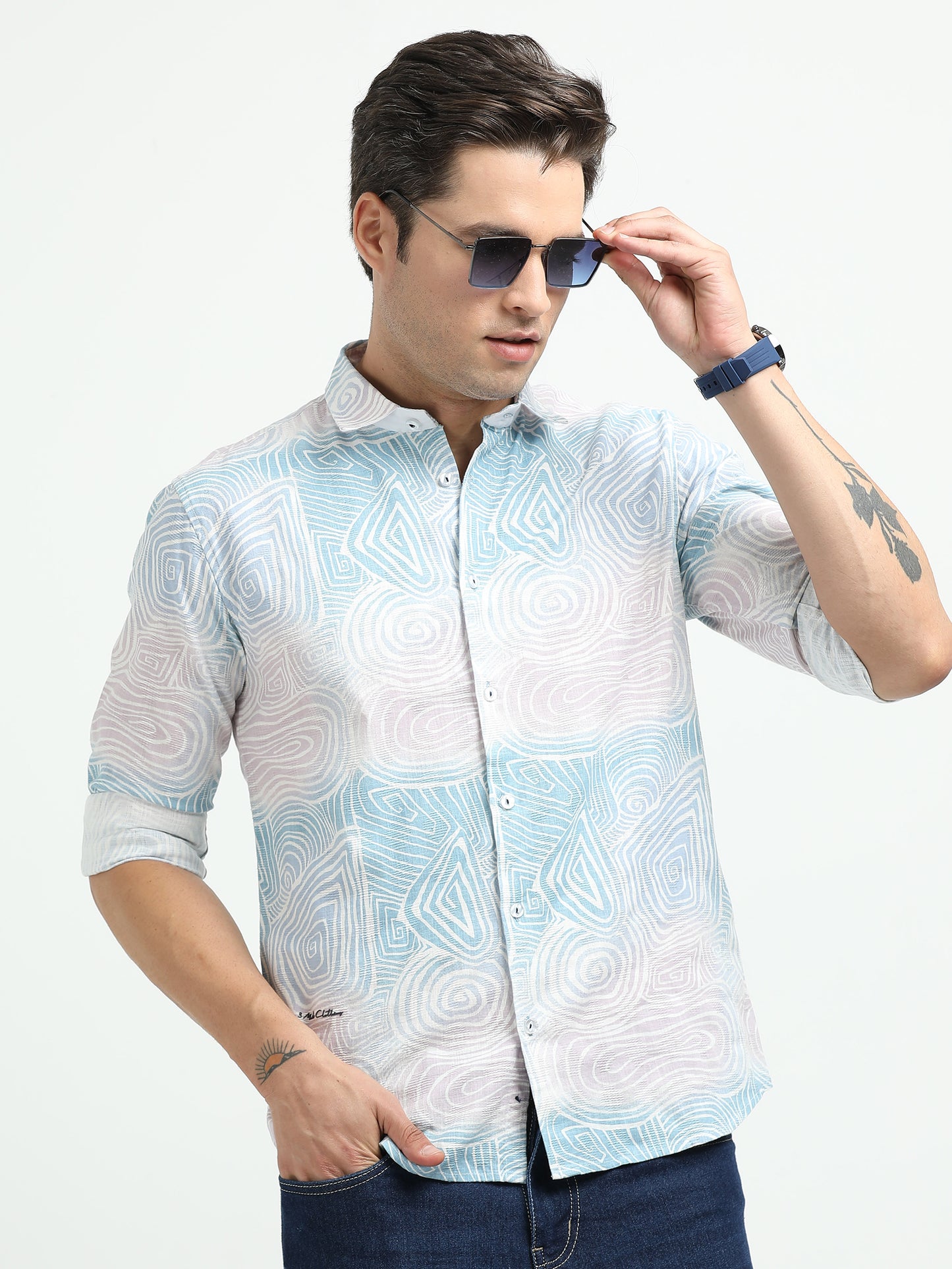 Men’s Sky Blue Abstract Print Cotton Linen Shirt