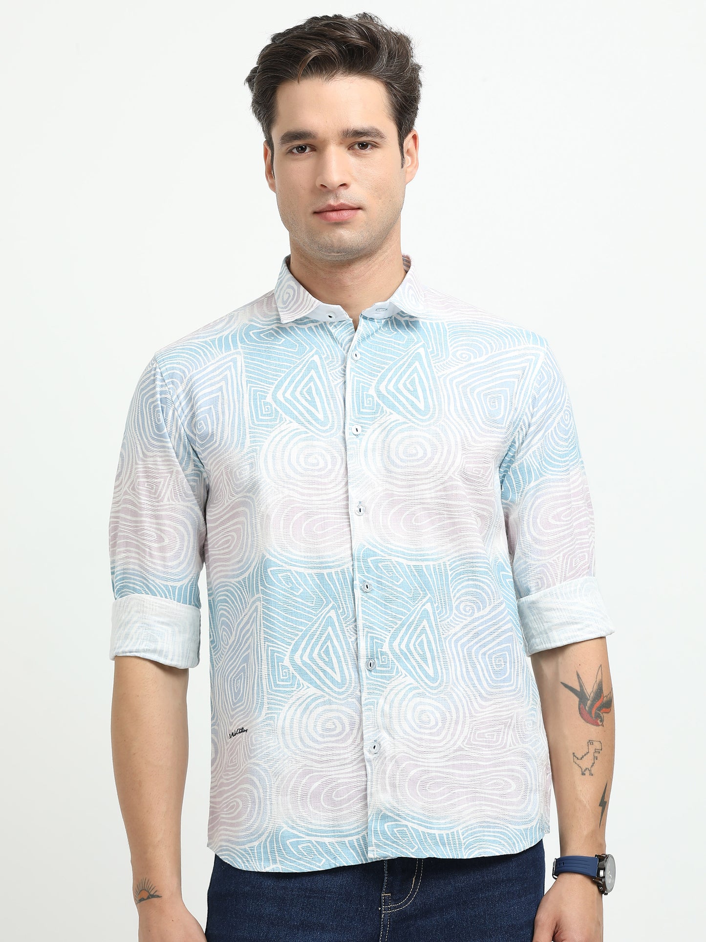 Men’s Sky Blue Abstract Print Cotton Linen Shirt