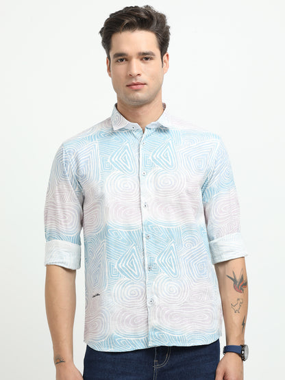 Men’s Sky Blue Abstract Print Cotton Linen Shirt