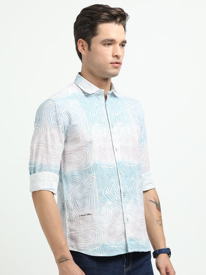 Men’s Sky Blue Abstract Print Cotton Linen Shirt