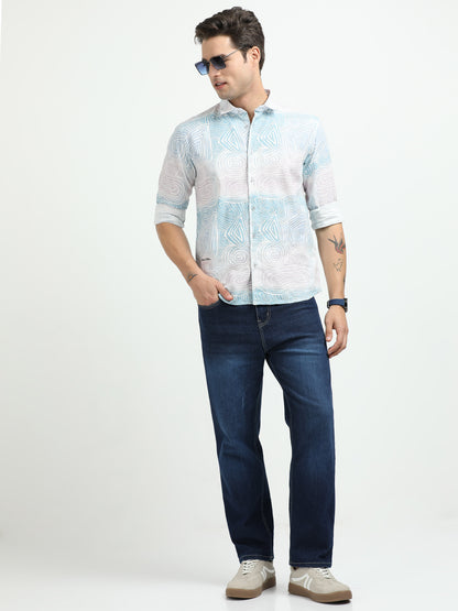 Men’s Sky Blue Abstract Print Cotton Linen Shirt