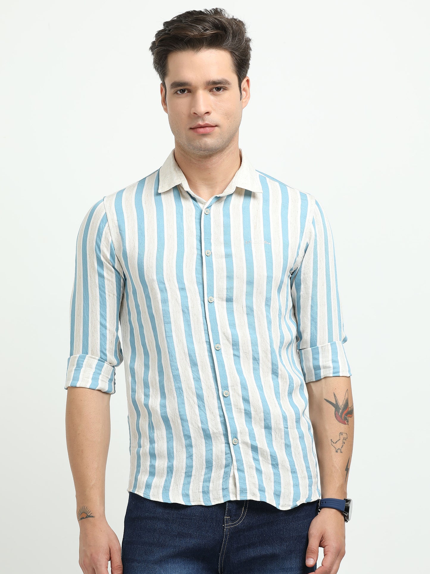 Men’s Blue & White Striped Linen Cotton Shirt
