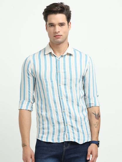 Men’s Blue & White Striped Linen Cotton Shirt