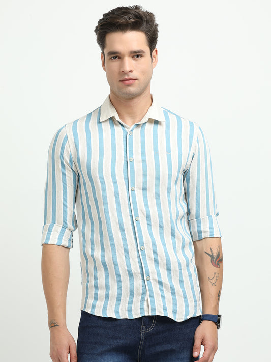 Men’s Blue & White Striped Linen Cotton Shirt