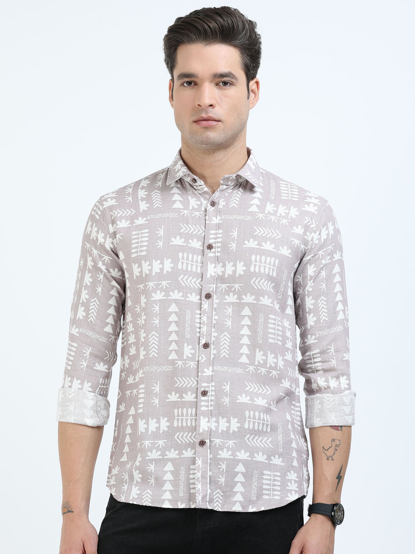 Men’s Beige Tribal Print Cotton Linen Shirt