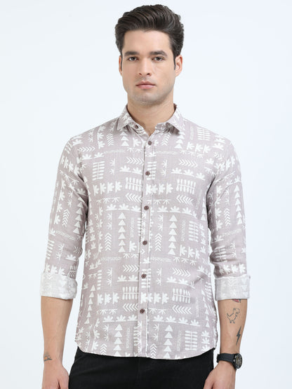 Men’s Beige Tribal Print Cotton Linen Shirt