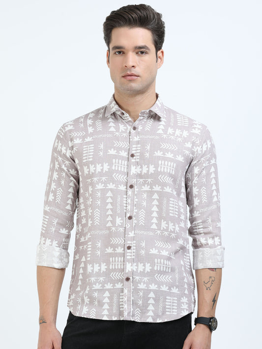 Men’s Beige Tribal Print Cotton Linen Shirt