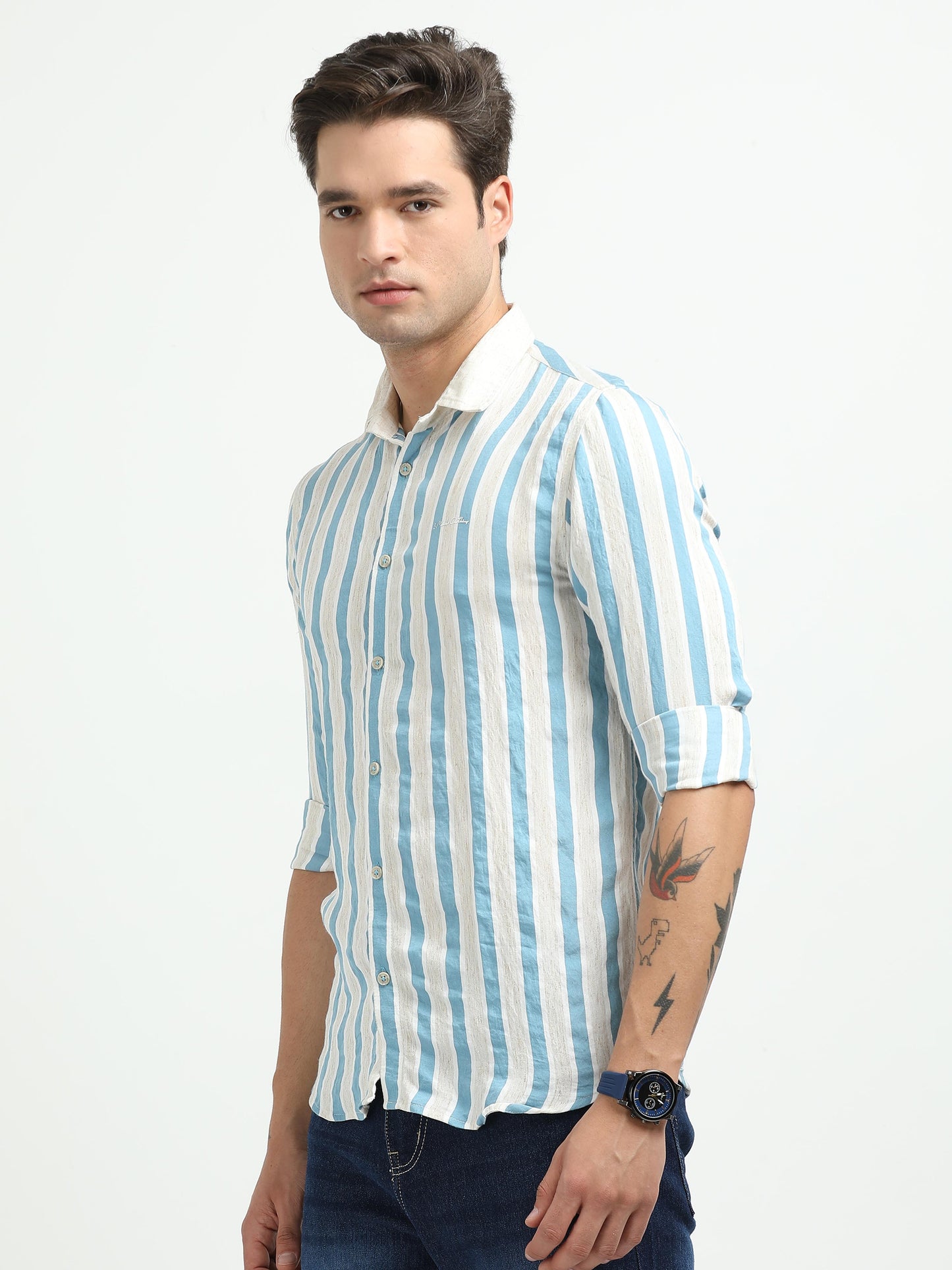 Men’s Blue & White Striped Linen Cotton Shirt