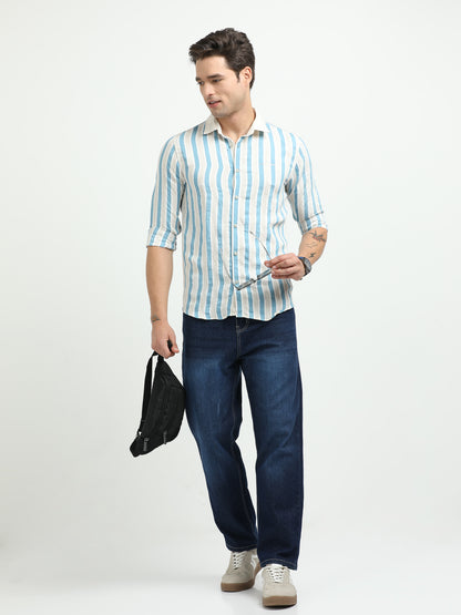 Men’s Blue & White Striped Linen Cotton Shirt