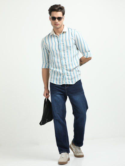 Men’s Blue & White Striped Linen Cotton Shirt