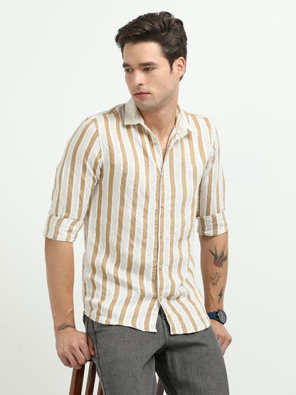 Men’s Beige & White Striped Linen Cotton Shirt