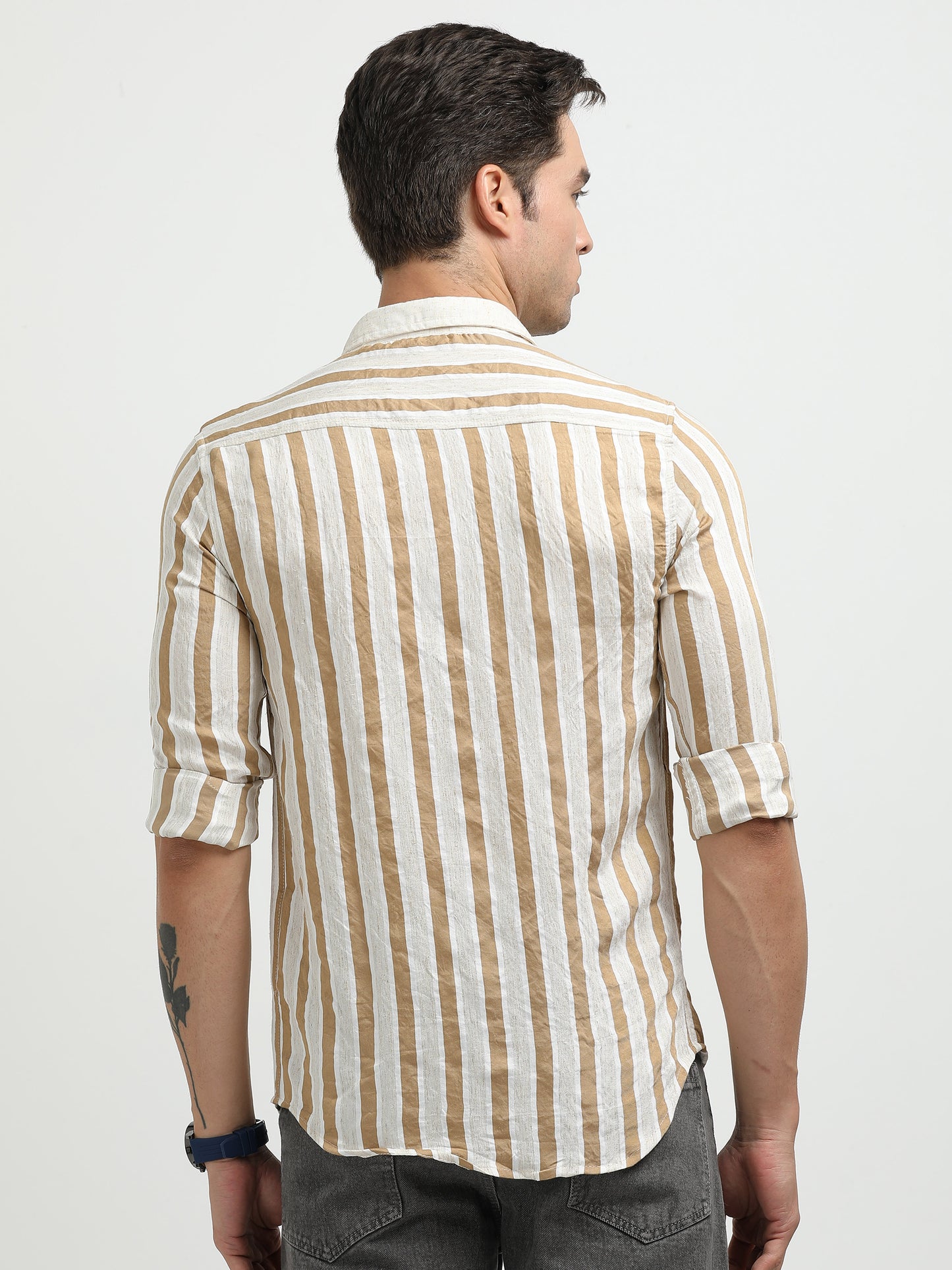 Men’s Beige & White Striped Linen Cotton Shirt