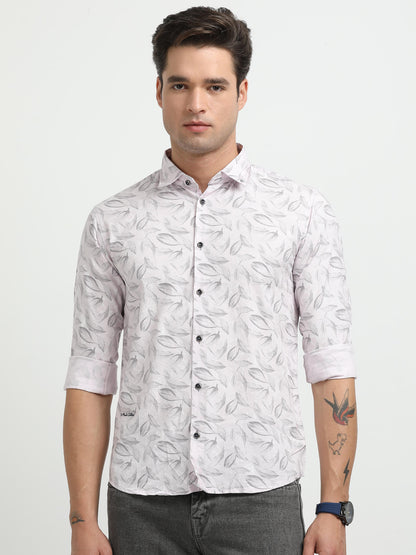 Men’s Light Pink Leaf Print Cotton Shirt