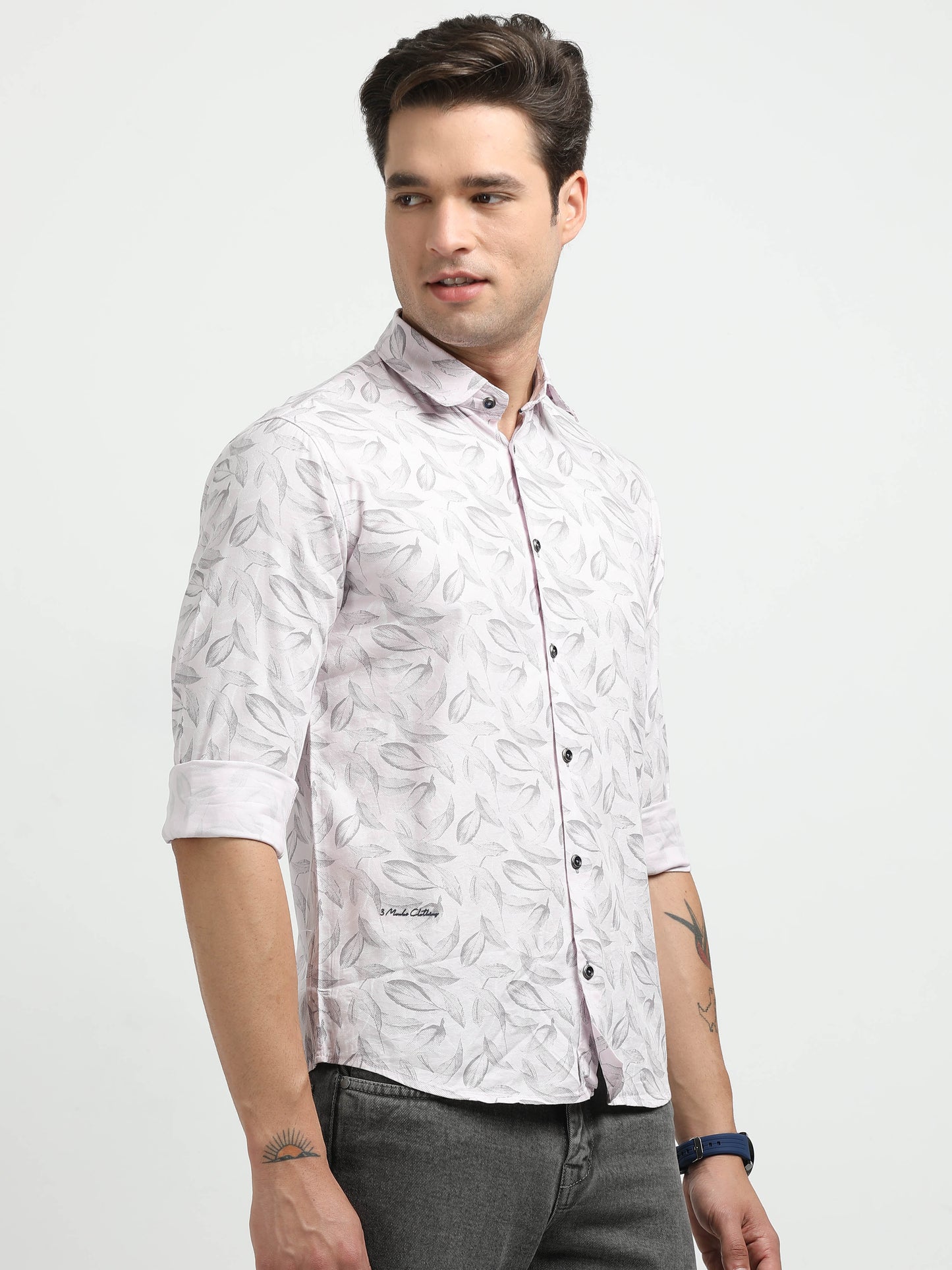 Men’s Light Pink Leaf Print Cotton Shirt